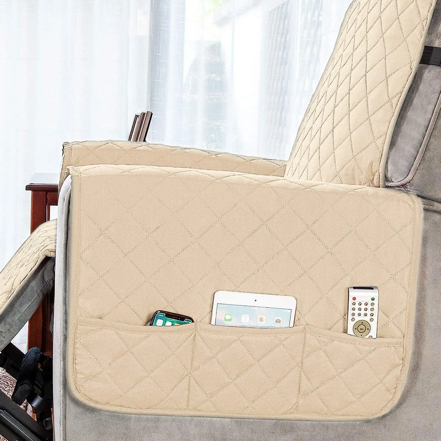Quilted Recliner Chair Cover With Side Pockets for 1 Seater Sofa, Sand Brown