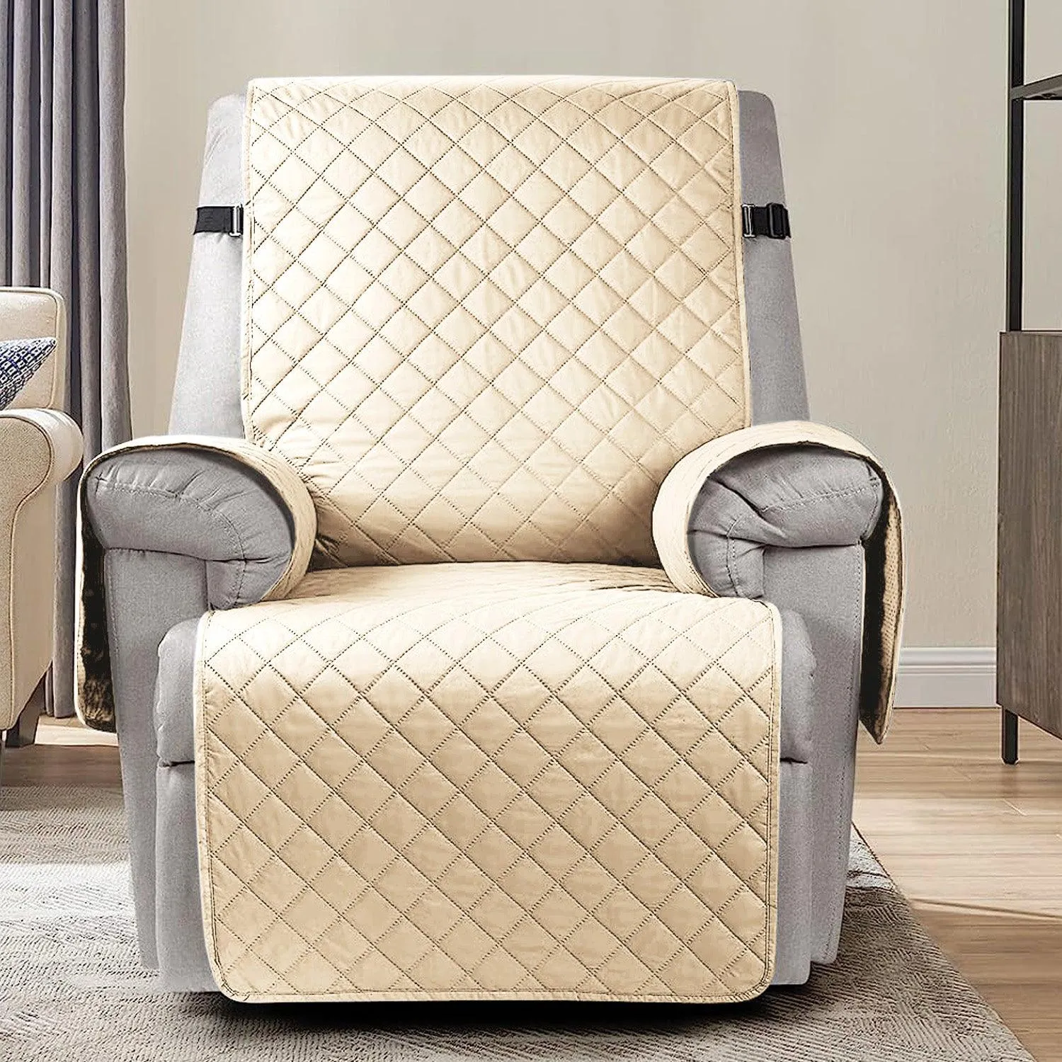 Quilted Recliner Chair Cover With Side Pockets for 1 Seater Sofa, Sand Brown