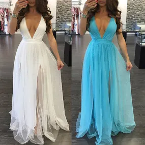 "Beauty" Deep v split detail sheer maxi evening dress