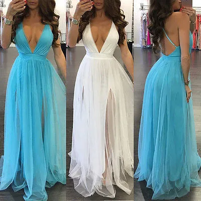"Beauty" Deep v split detail sheer maxi evening dress