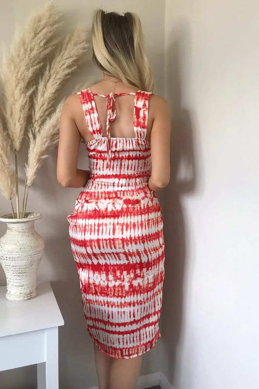 Red & White Sweetheart Satin Midi Dress