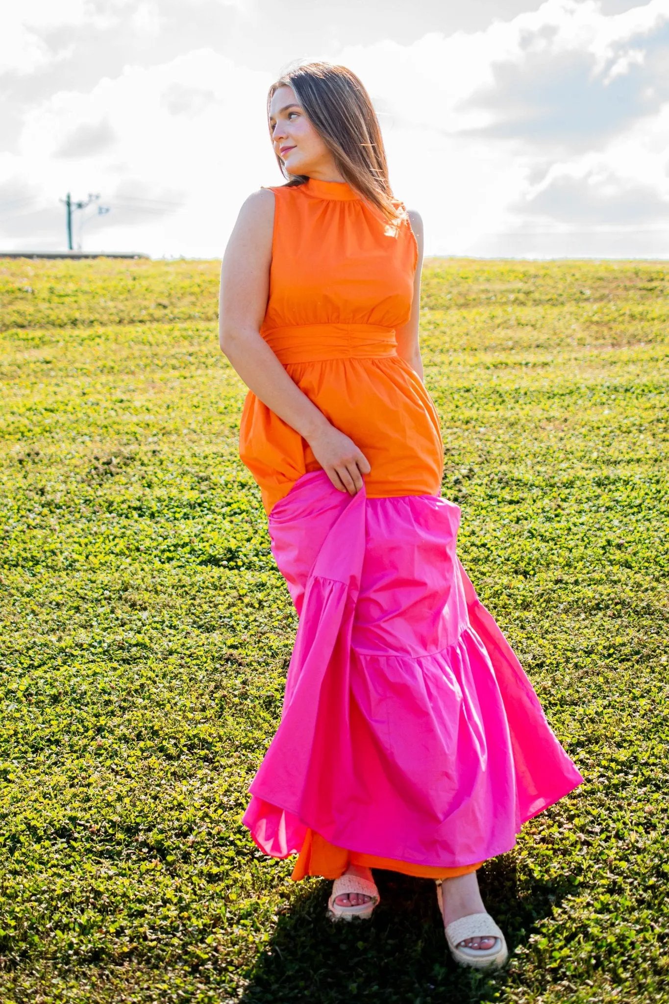 Riley Halter Maxi Dress in Orange & Pink