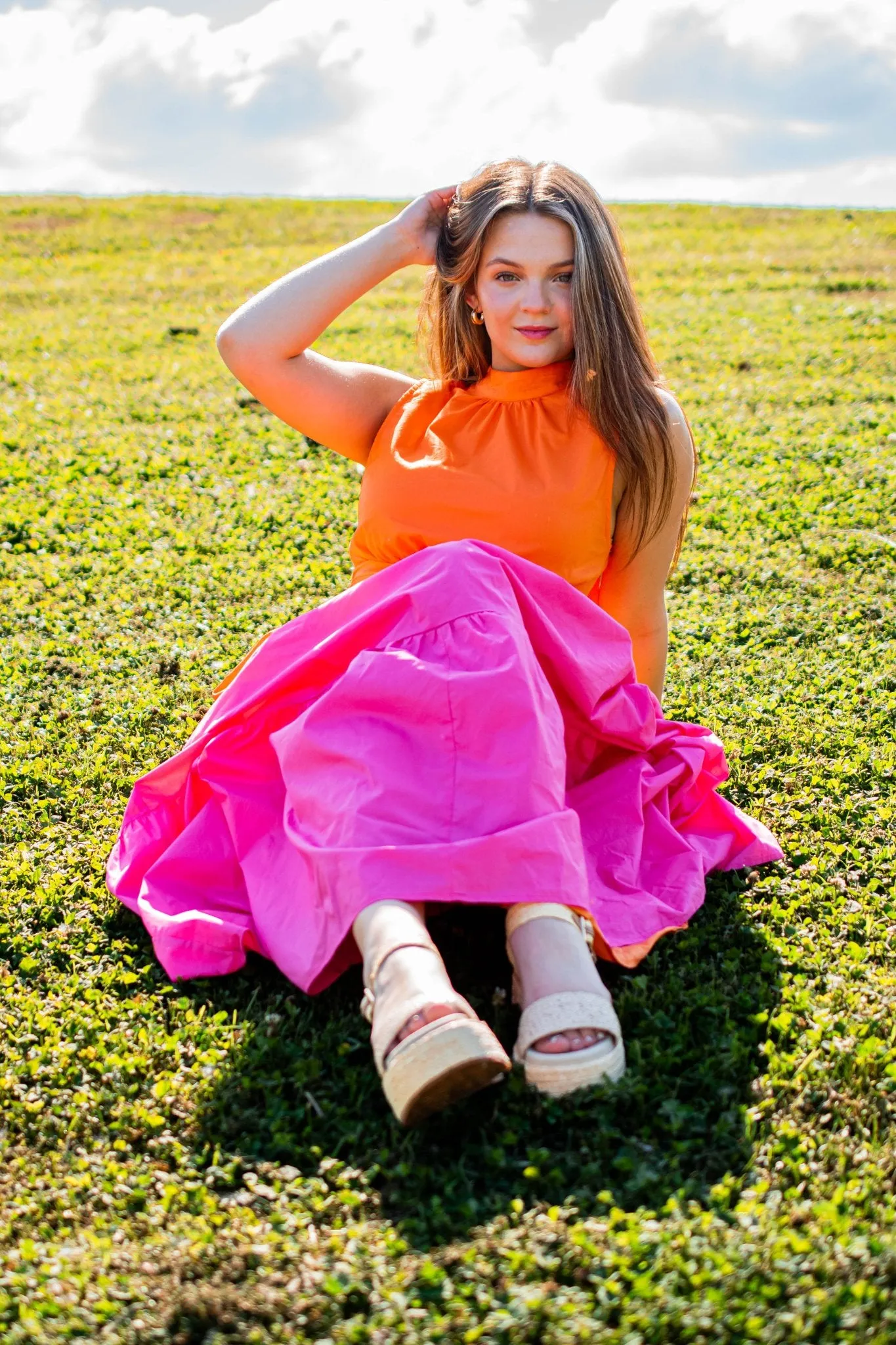 Riley Halter Maxi Dress in Orange & Pink