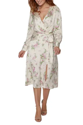 Sage Collective V-Neck Long Sleeve Tie Waist Zipper Back Slit Front Floral Print Chiffon Dress