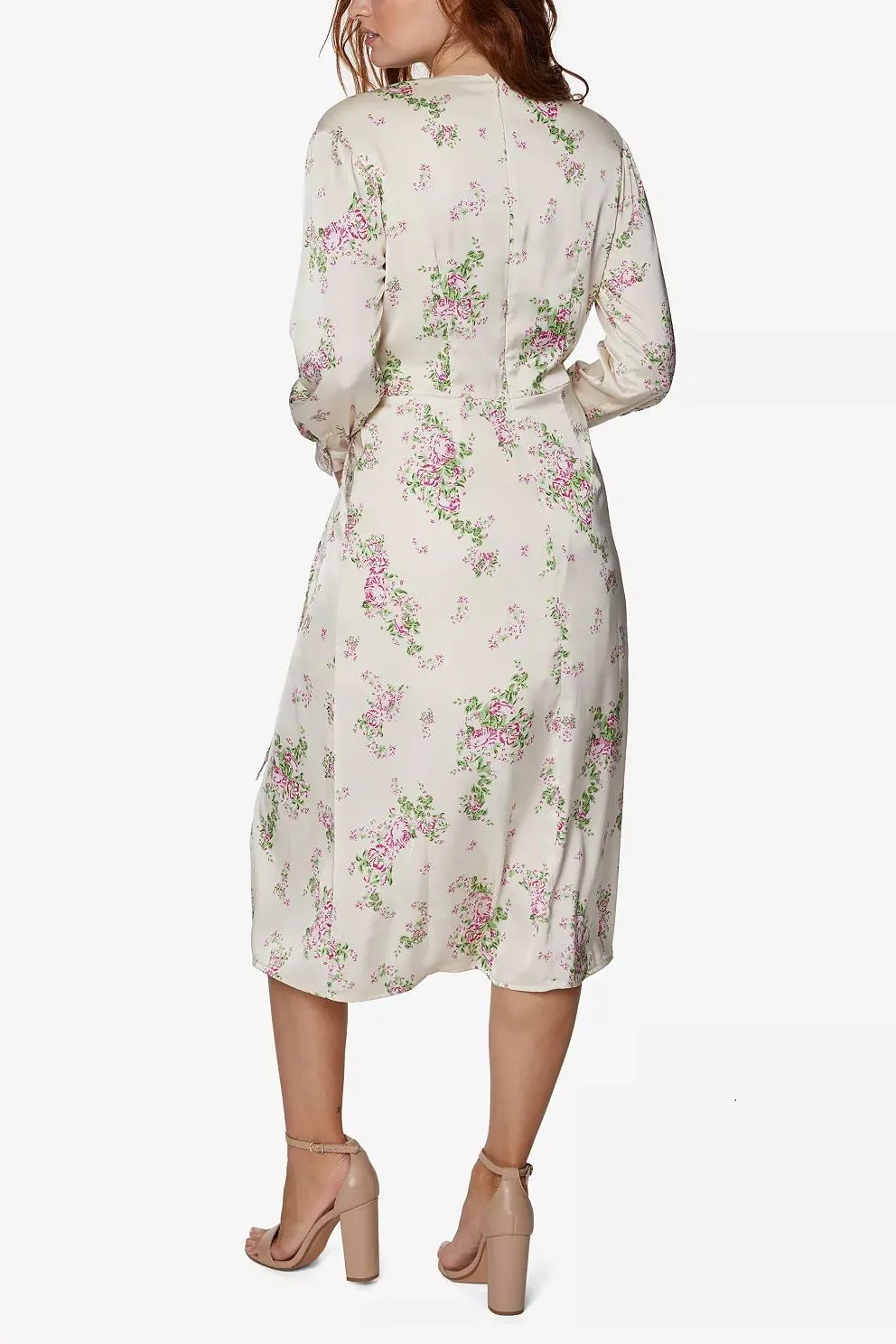 Sage Collective V-Neck Long Sleeve Tie Waist Zipper Back Slit Front Floral Print Chiffon Dress