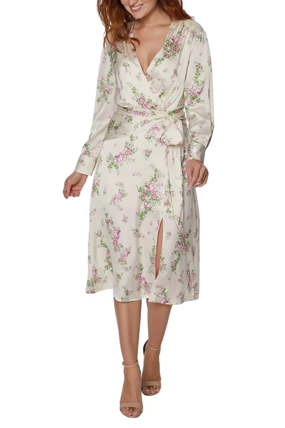 Sage Collective V-Neck Long Sleeve Tie Waist Zipper Back Slit Front Floral Print Chiffon Dress