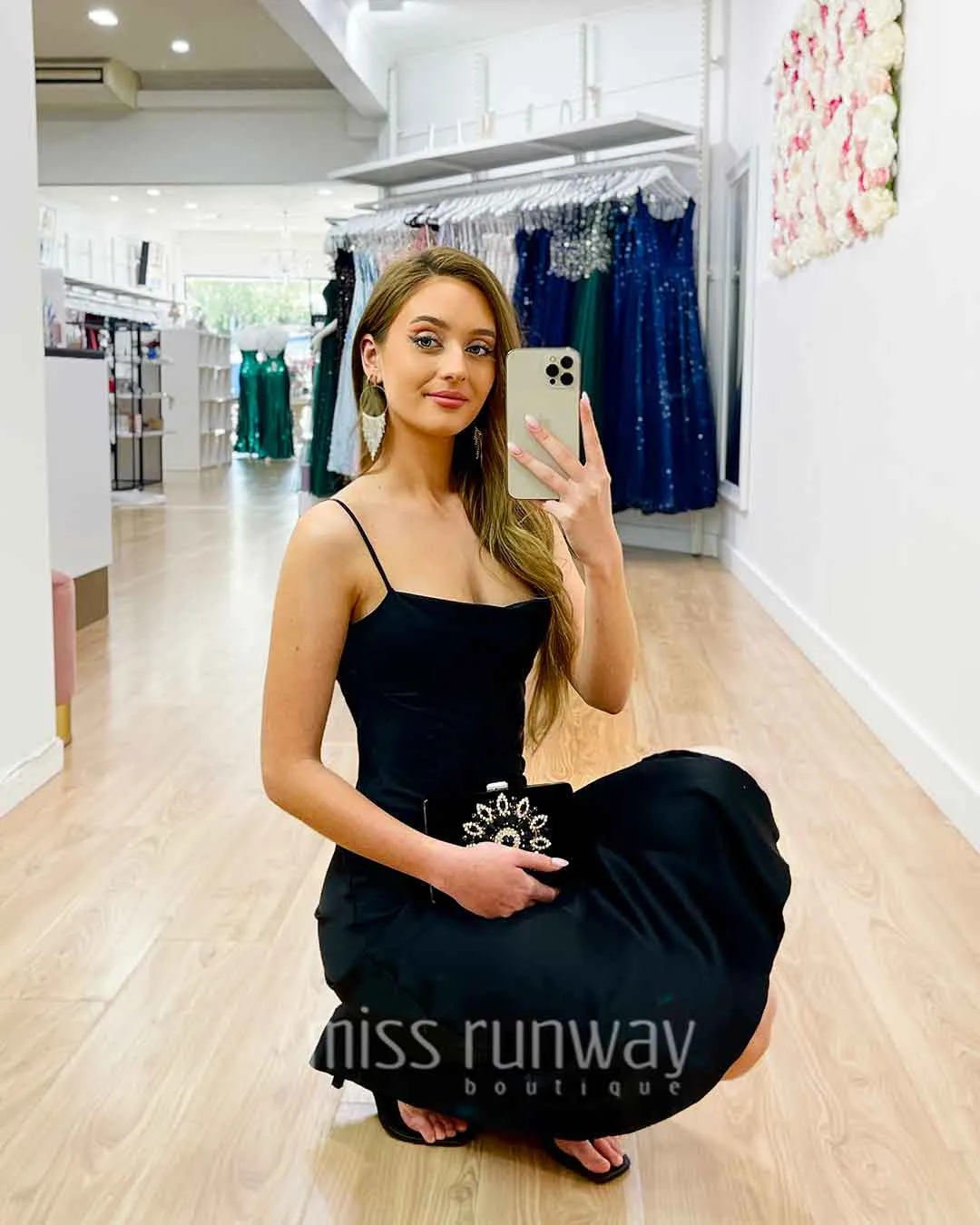 Sandrine Satin Midi Dress - Black