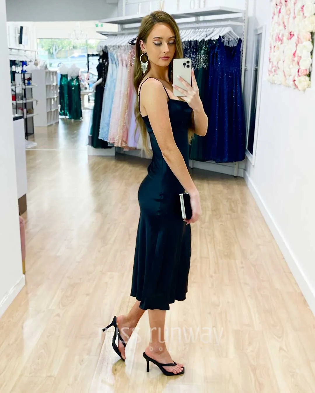 Sandrine Satin Midi Dress - Black