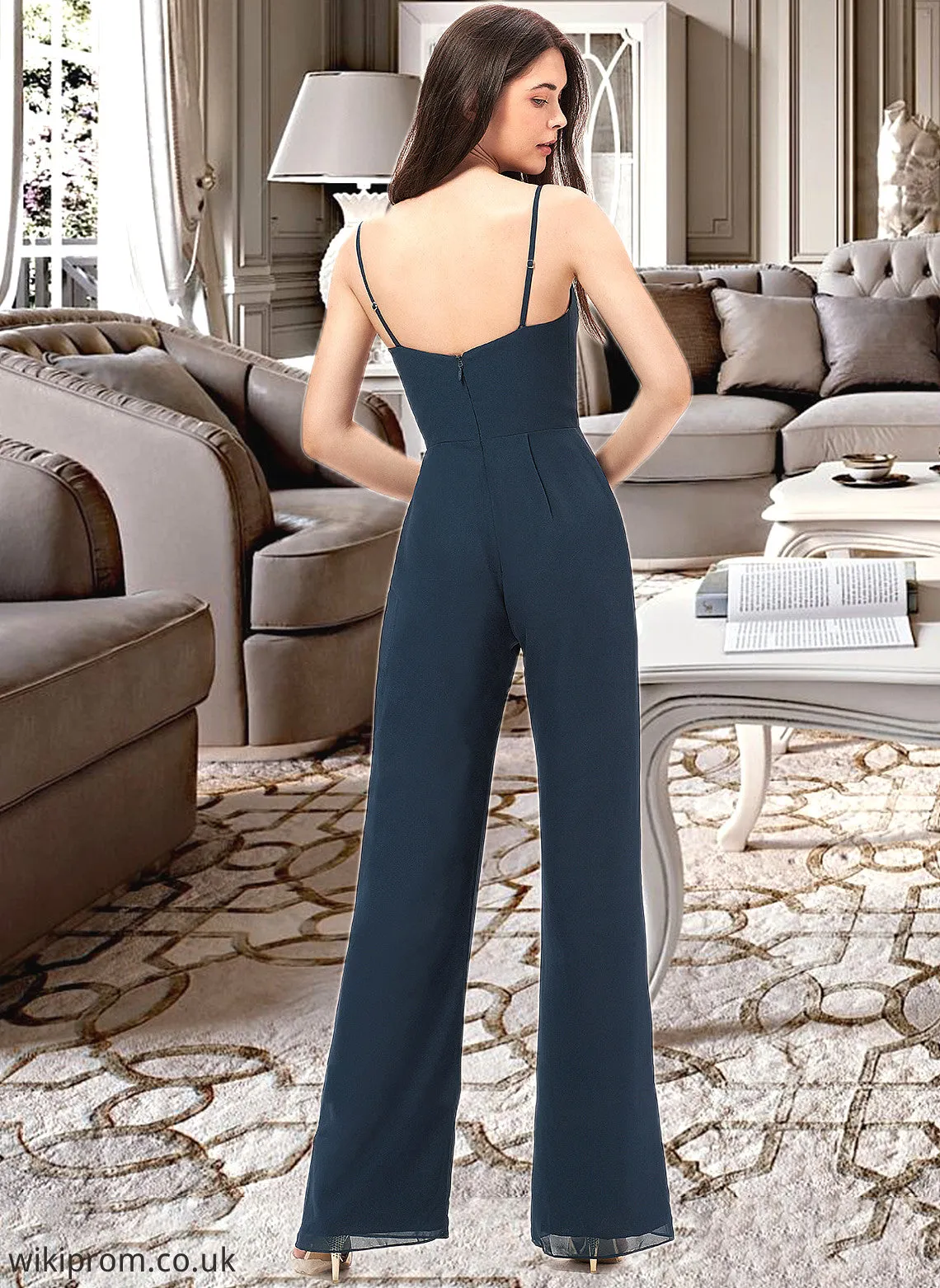 Shannon Jumpsuit/Pantsuit V-Neck Floor-Length Chiffon Bridesmaid Dress With Ruffle SWKP0012877