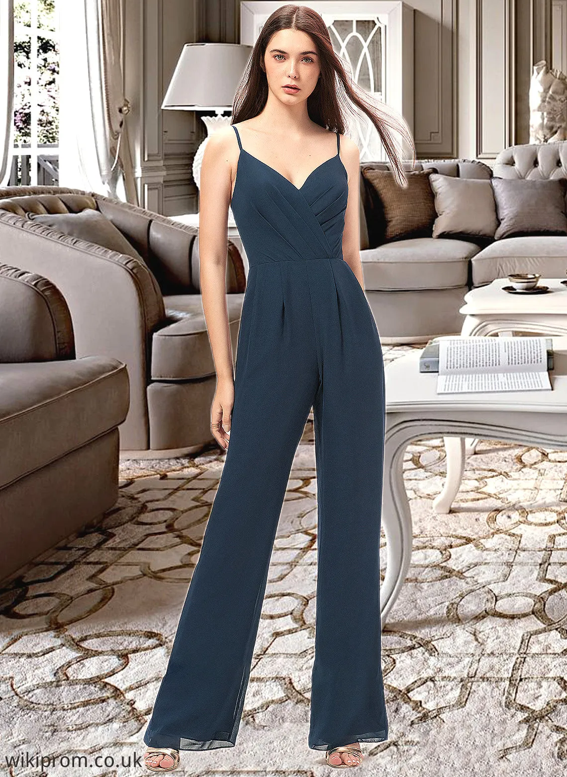 Shannon Jumpsuit/Pantsuit V-Neck Floor-Length Chiffon Bridesmaid Dress With Ruffle SWKP0012877