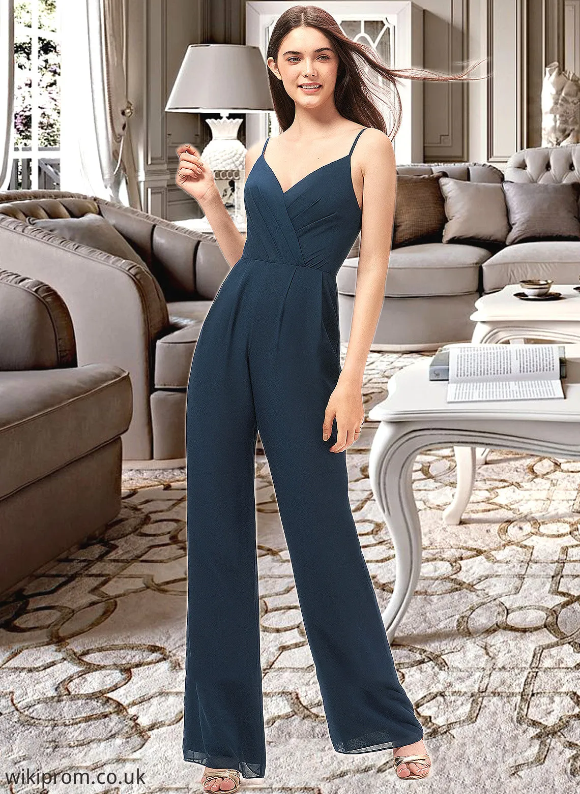 Shannon Jumpsuit/Pantsuit V-Neck Floor-Length Chiffon Bridesmaid Dress With Ruffle SWKP0012877