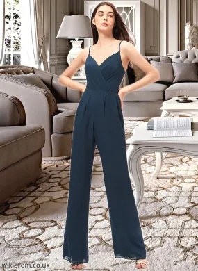 Shannon Jumpsuit/Pantsuit V-Neck Floor-Length Chiffon Bridesmaid Dress With Ruffle SWKP0012877