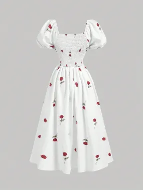 SHEIN MOD White Base Rose Flower Puff Sleeve Empire Waist Fairy Midi-Length Dress