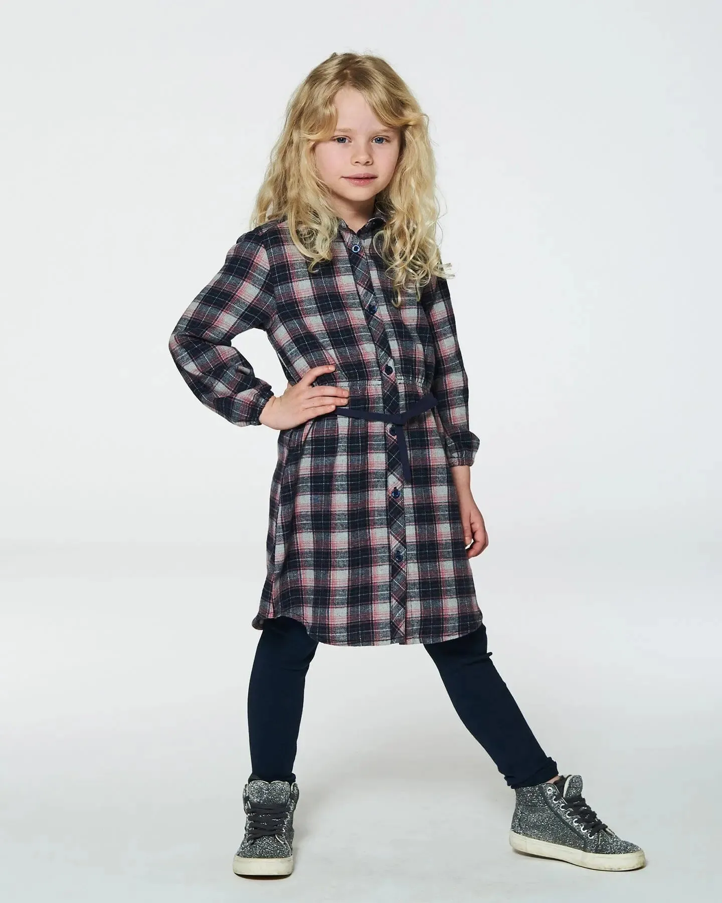 Shirt Flannel Dress With Belt Plaid Navy And Pink