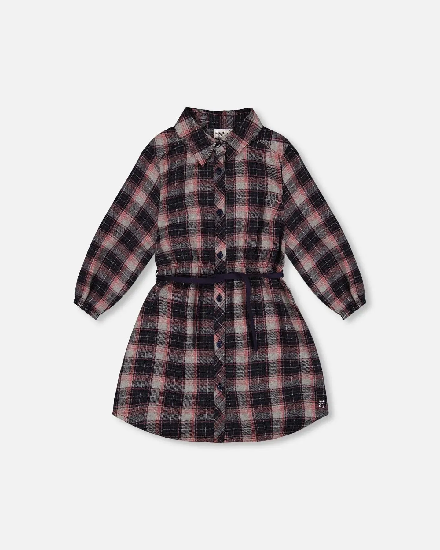 Shirt Flannel Dress With Belt Plaid Navy And Pink