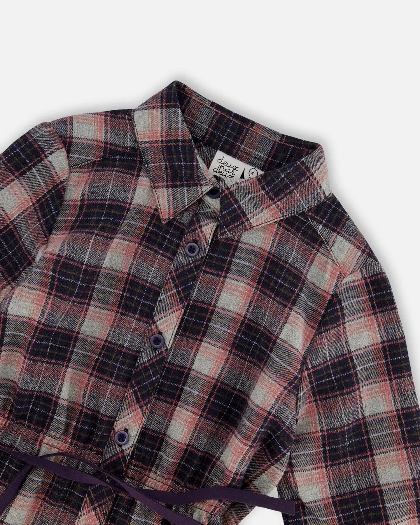 Shirt Flannel Dress With Belt Plaid Navy And Pink