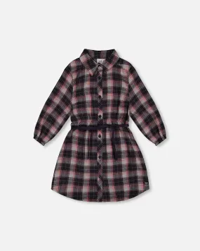Shirt Flannel Dress With Belt Plaid Navy And Pink