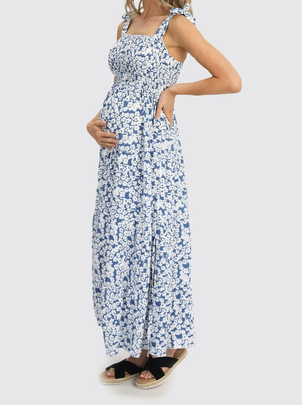 Shoulder Tie Maternity  Maxi Lilliana Dress in Blue Print