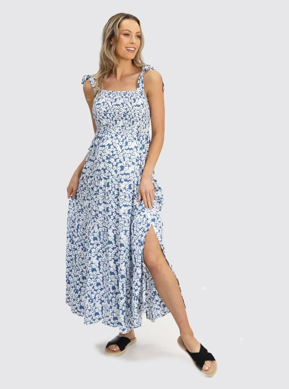 Shoulder Tie Maternity  Maxi Lilliana Dress in Blue Print