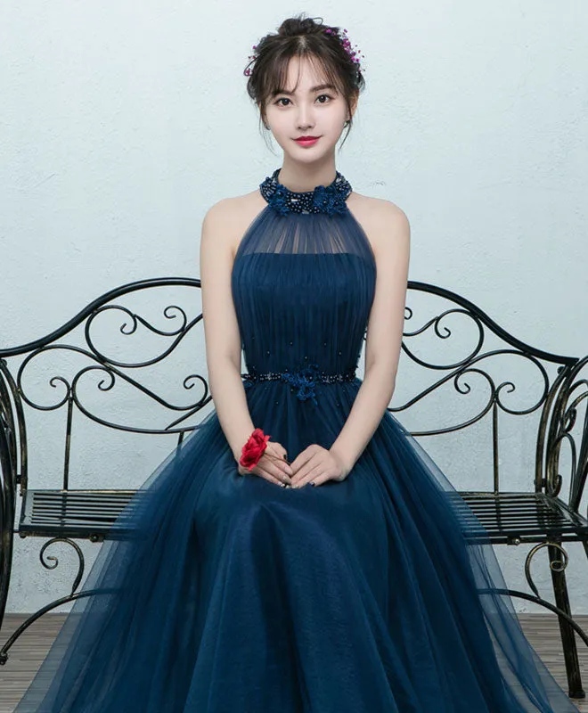 Simple Blue Tulle Long Prom Dress, Blue Tulle Bridesmaid Dress