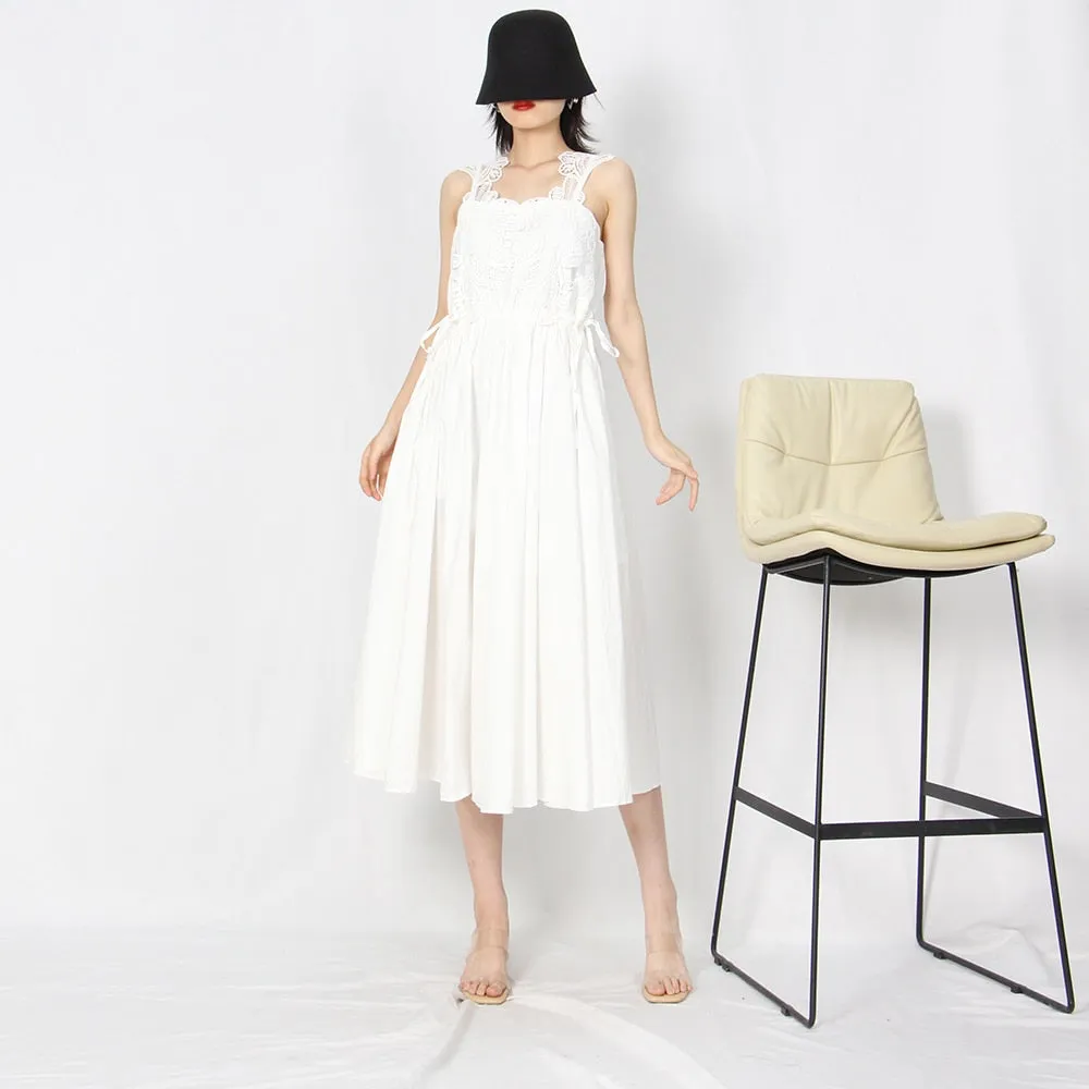 Sling Sexy Dress For Women Square Collar Sleeveless High Waist Solid Minimalist Midi Dresses Female Summer Clothing