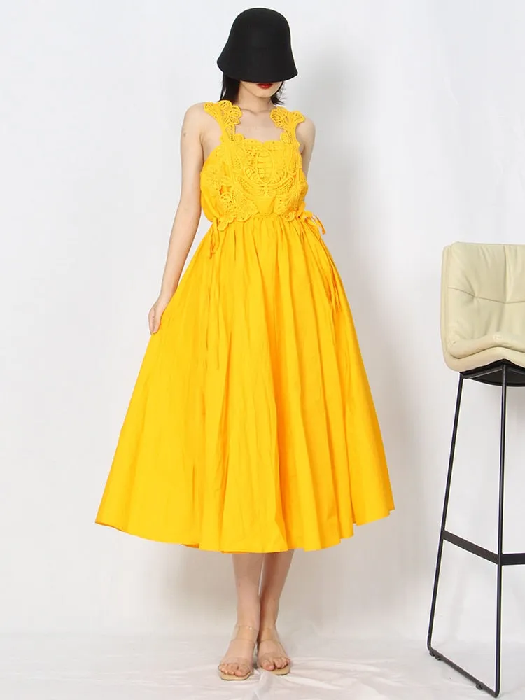 Sling Sexy Dress For Women Square Collar Sleeveless High Waist Solid Minimalist Midi Dresses Female Summer Clothing