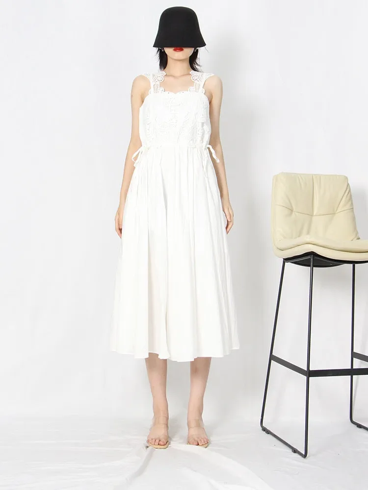 Sling Sexy Dress For Women Square Collar Sleeveless High Waist Solid Minimalist Midi Dresses Female Summer Clothing