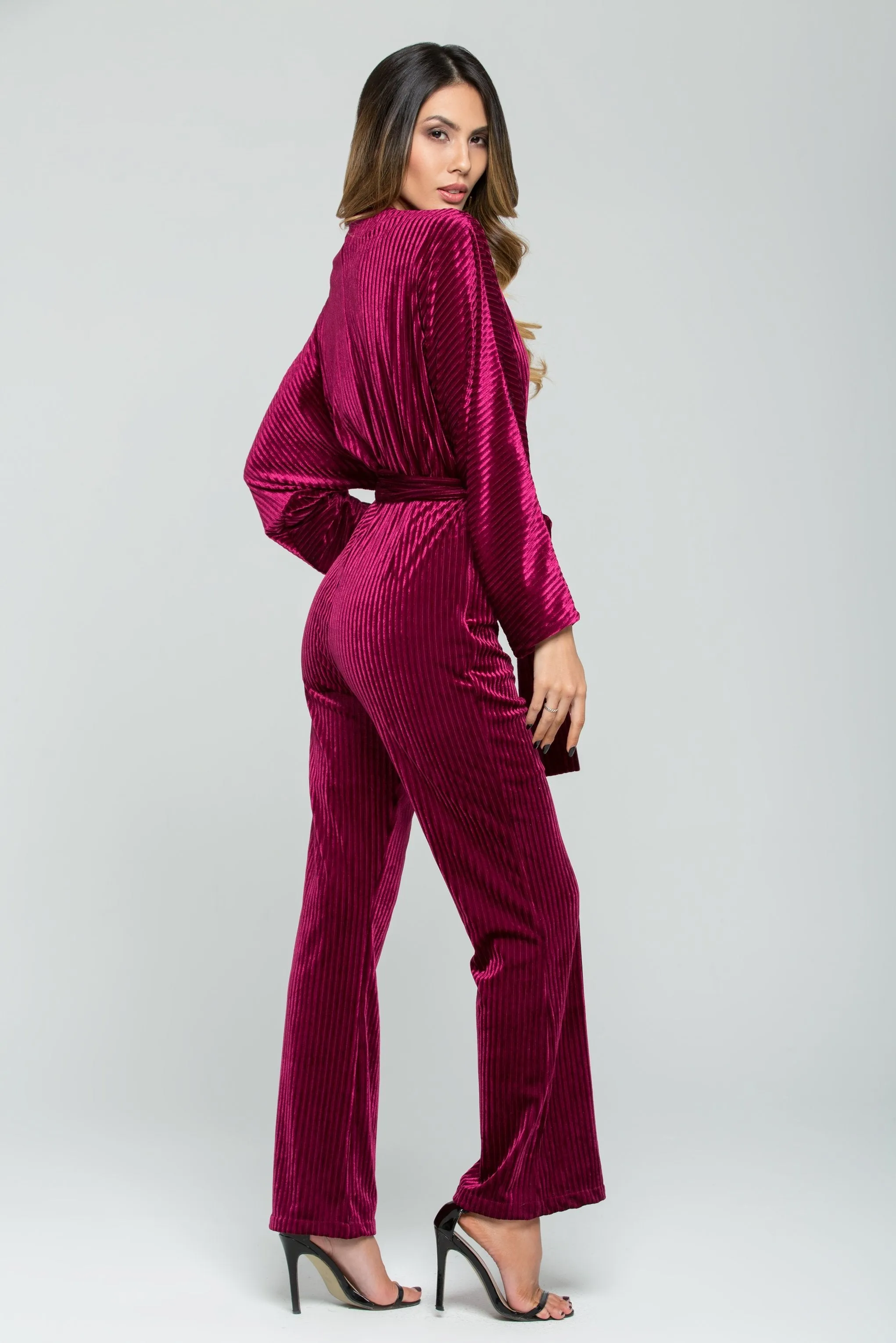 Solid Burgundy Ribbed Velvet Jumpsuit