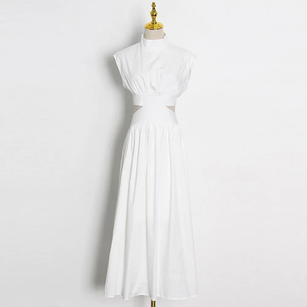 Solid Cut Out Dress For Women Stand Collar Sleeveless High Waist Minimalist Midi Dresses Female Clothes Fashion