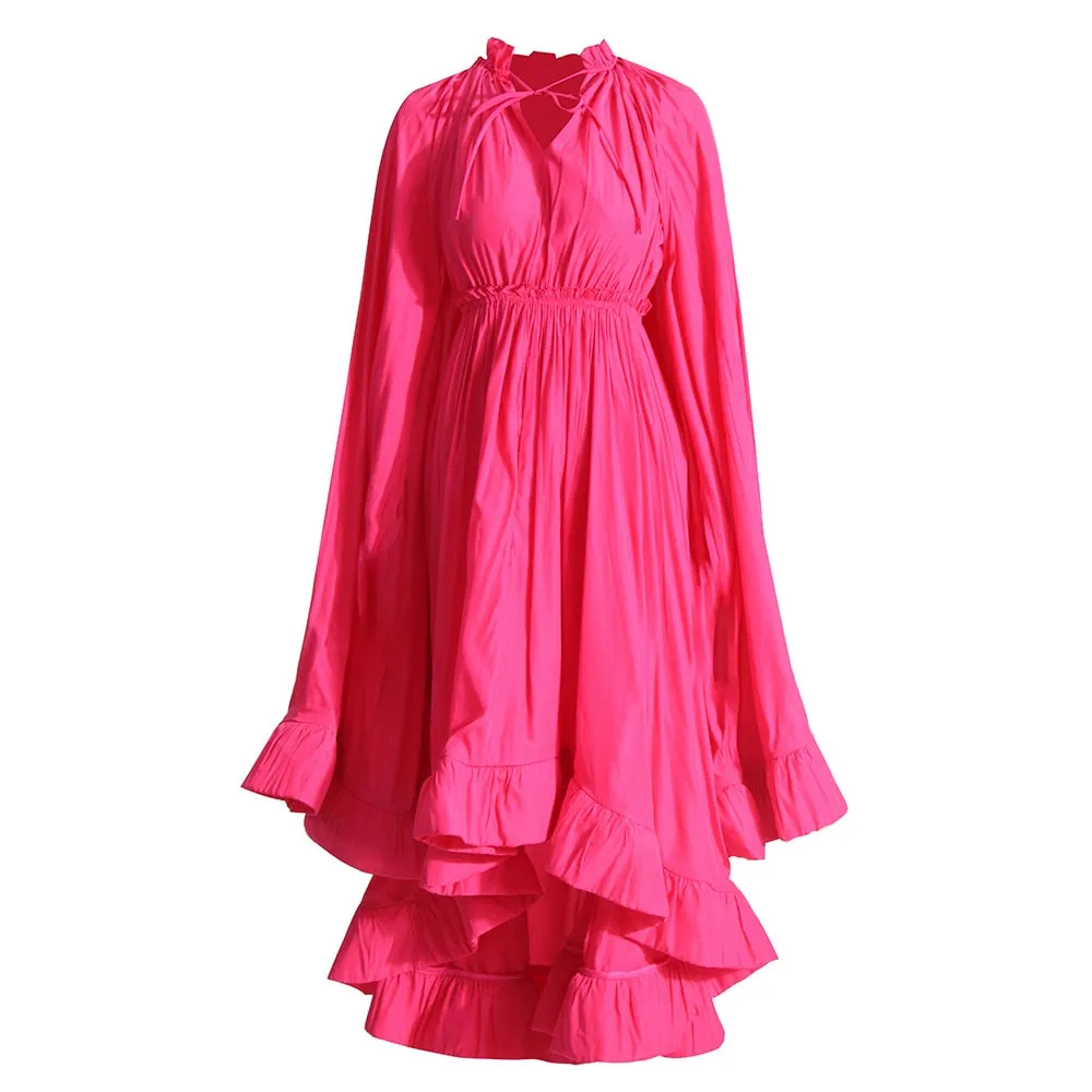 Solid Dresses For Women V Neck Cloak Sleeves High Waist Minimalist Dress Female Fashion Temperament Clothing