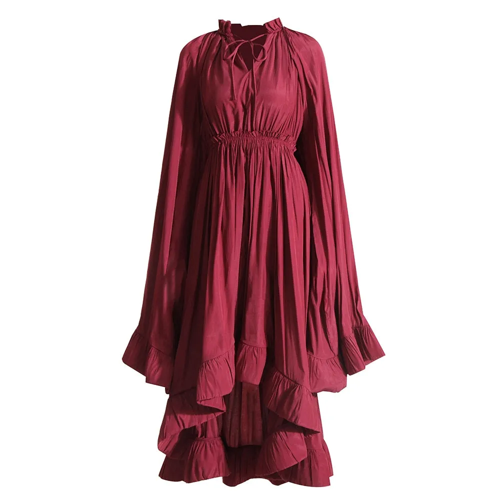 Solid Dresses For Women V Neck Cloak Sleeves High Waist Minimalist Dress Female Fashion Temperament Clothing