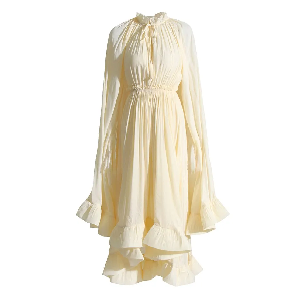 Solid Dresses For Women V Neck Cloak Sleeves High Waist Minimalist Dress Female Fashion Temperament Clothing