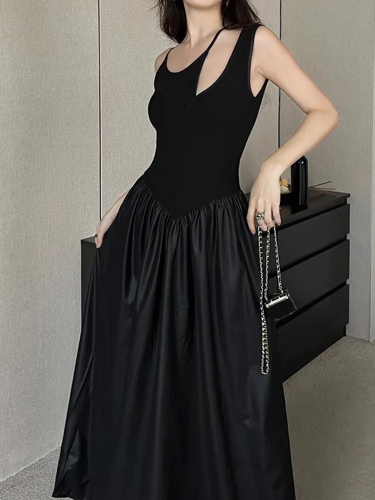 Solid Minimalist Dresses For Women Irregular Collar Sleeveless High Waist Hollow Out Temperament Dress Female