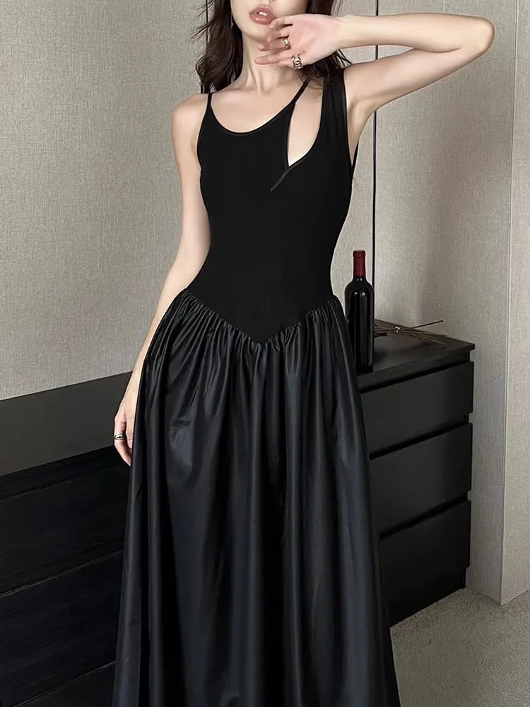 Solid Minimalist Dresses For Women Irregular Collar Sleeveless High Waist Hollow Out Temperament Dress Female