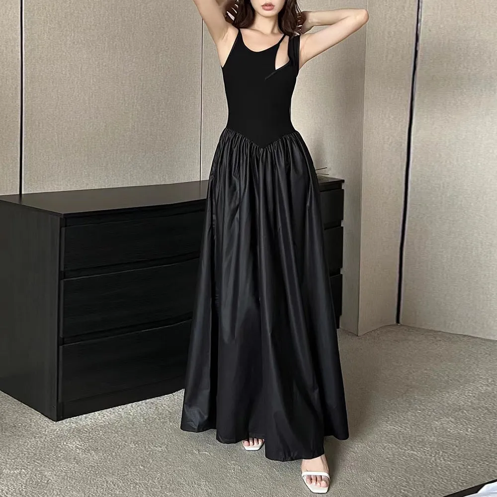 Solid Minimalist Dresses For Women Irregular Collar Sleeveless High Waist Hollow Out Temperament Dress Female