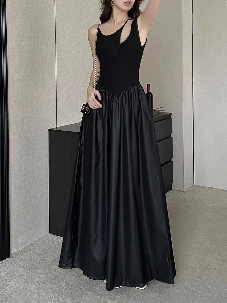 Solid Minimalist Dresses For Women Irregular Collar Sleeveless High Waist Hollow Out Temperament Dress Female