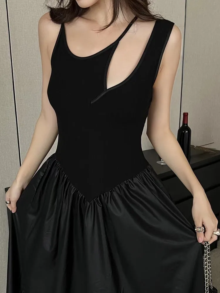 Solid Minimalist Dresses For Women Irregular Collar Sleeveless High Waist Hollow Out Temperament Dress Female