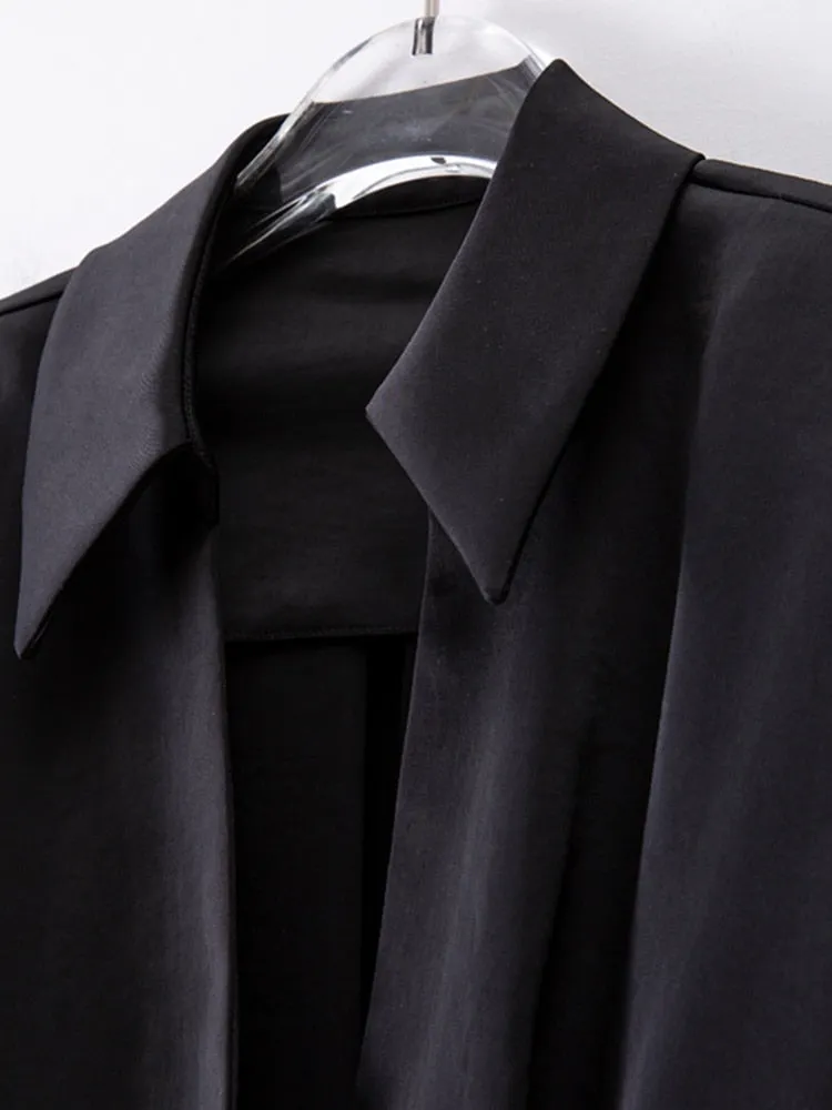 Solid Minimalist Dresses For Women Lapel Long Sleeve High Waist Patchwork Folds Elegant Dress Female Fashion