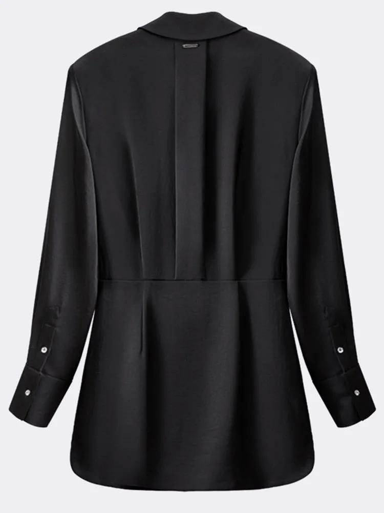Solid Minimalist Dresses For Women Lapel Long Sleeve High Waist Patchwork Folds Elegant Dress Female Fashion