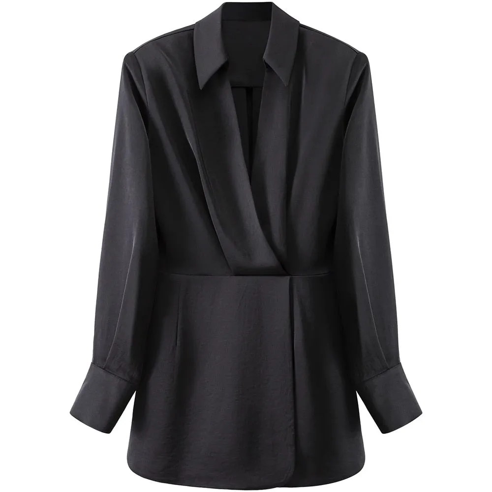 Solid Minimalist Dresses For Women Lapel Long Sleeve High Waist Patchwork Folds Elegant Dress Female Fashion
