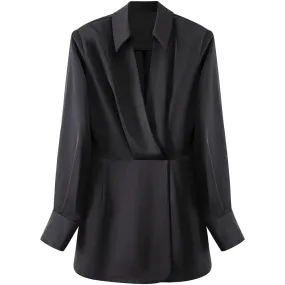 Solid Minimalist Dresses For Women Lapel Long Sleeve High Waist Patchwork Folds Elegant Dress Female Fashion