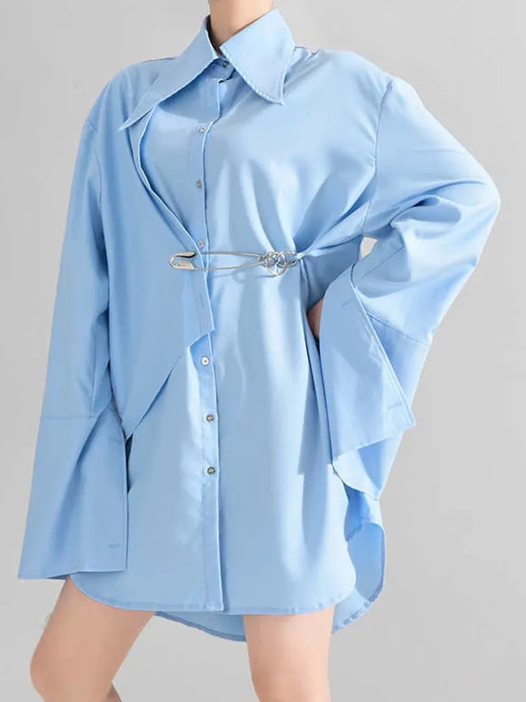 Solid Minimalist Dresses For Women Lapel Long Sleeve High Waist Patchwork Single Breasted Dress Female Clothing