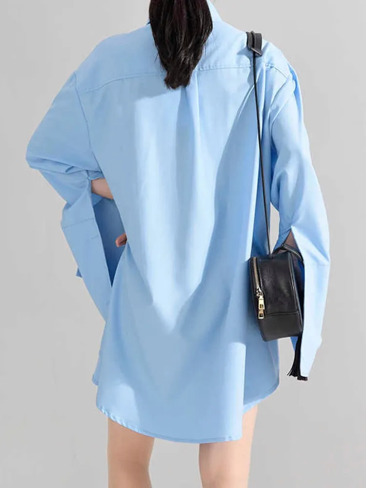 Solid Minimalist Dresses For Women Lapel Long Sleeve High Waist Patchwork Single Breasted Dress Female Clothing