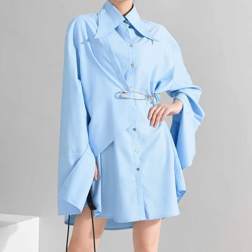 Solid Minimalist Dresses For Women Lapel Long Sleeve High Waist Patchwork Single Breasted Dress Female Clothing