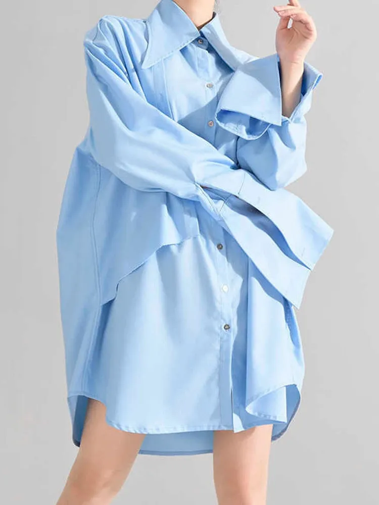 Solid Minimalist Dresses For Women Lapel Long Sleeve High Waist Patchwork Single Breasted Dress Female Clothing