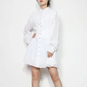 Solid Patchwork Pleated Dress For Women Stand Collar Long Sleeve High Waist Minimalist Dresses Female Fashion