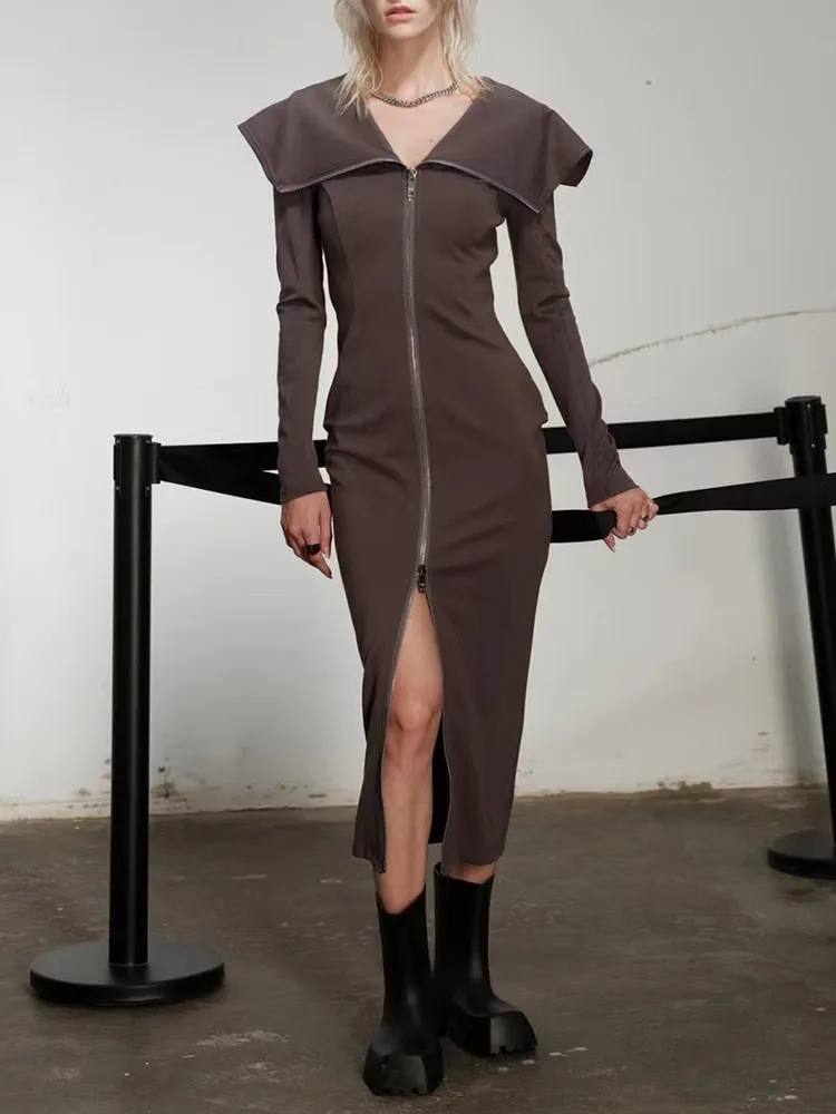 Solid Slimming Minimalist Dresses For Women Lapel Long Sleeve High Waist Patchwork Zipper Casual Dress Female