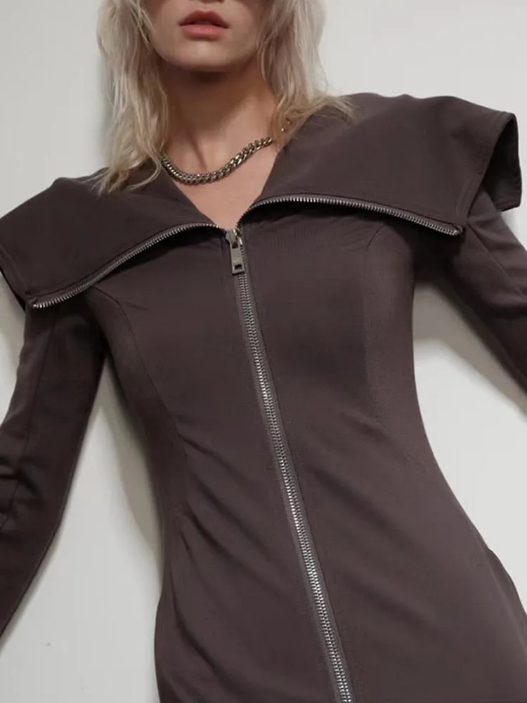 Solid Slimming Minimalist Dresses For Women Lapel Long Sleeve High Waist Patchwork Zipper Casual Dress Female