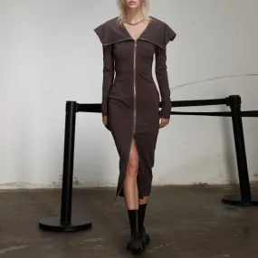 Solid Slimming Minimalist Dresses For Women Lapel Long Sleeve High Waist Patchwork Zipper Casual Dress Female