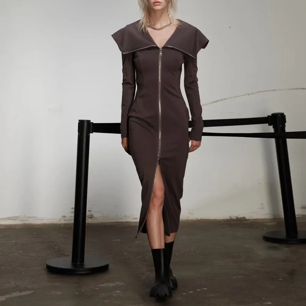 Solid Slimming Minimalist Dresses For Women Lapel Long Sleeve High Waist Patchwork Zipper Casual Dress Female